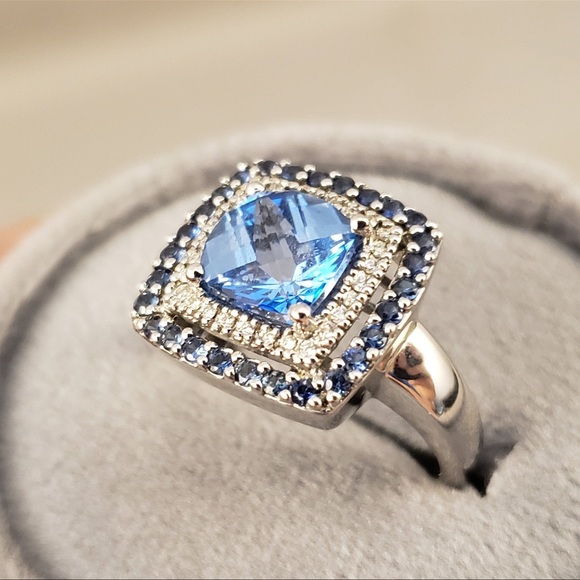 Levian Ring With Blue Topaz And Sapphire Diamond In 14K White Gold Size 6.5 - Picture 2 of 7